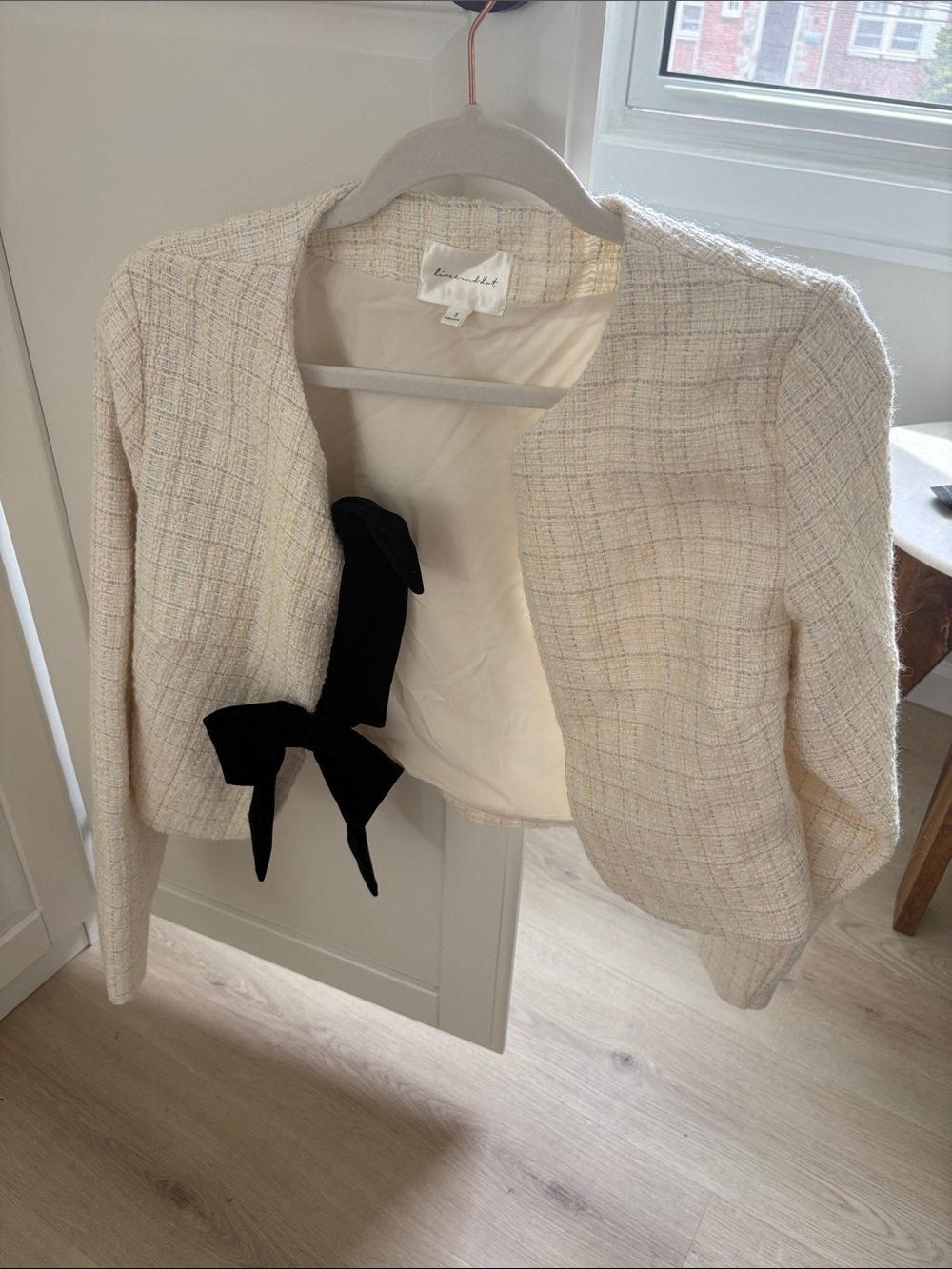 Line & Dot Cream Tweed Cropped Jacket with Black Bow